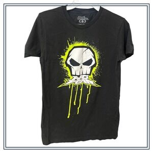 No Fear Mens Skull Graphic T-Shirt Black Neon Green Splatter Drip‎ Tee Size S